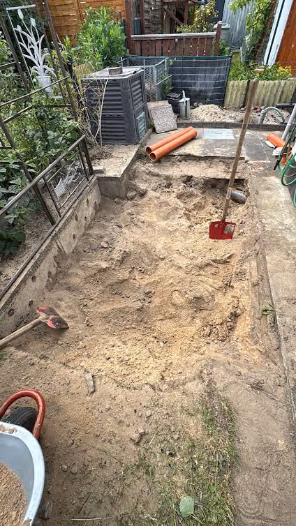 Von Hand ausgehobene Baugrube in einem schmalen Hofdurchgang zwischen Mauer und Gebäude